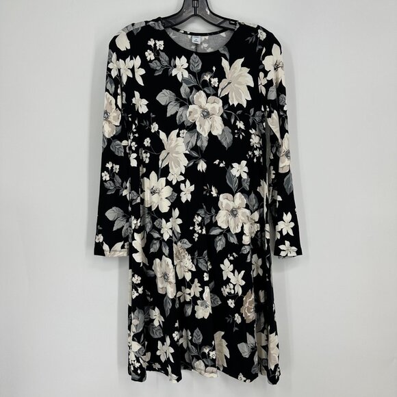 Old Navy Floral Dress Swing Long Sleeves Stretch Jersey Knit Black Casual Short - Picture 2 of 10